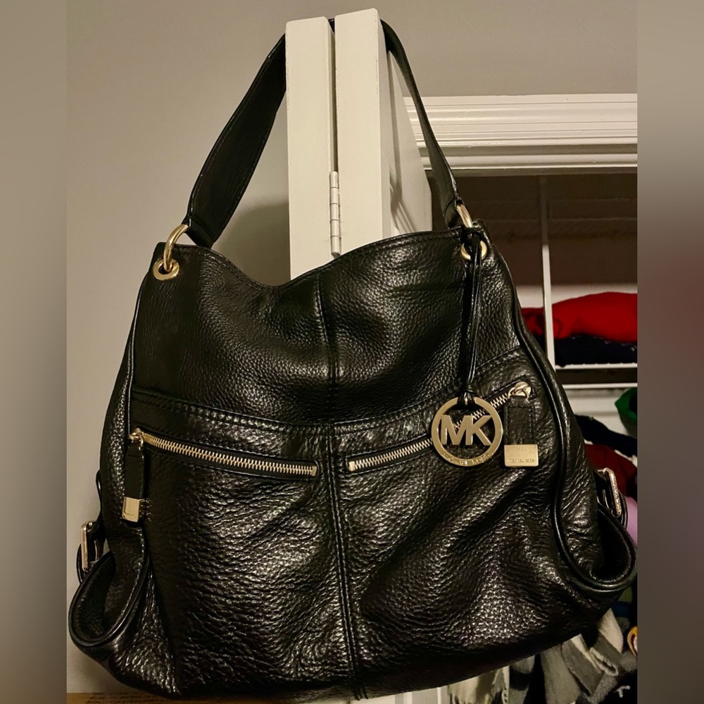 Michael Kors Black Leather Shoulder Bag with Gold Accents